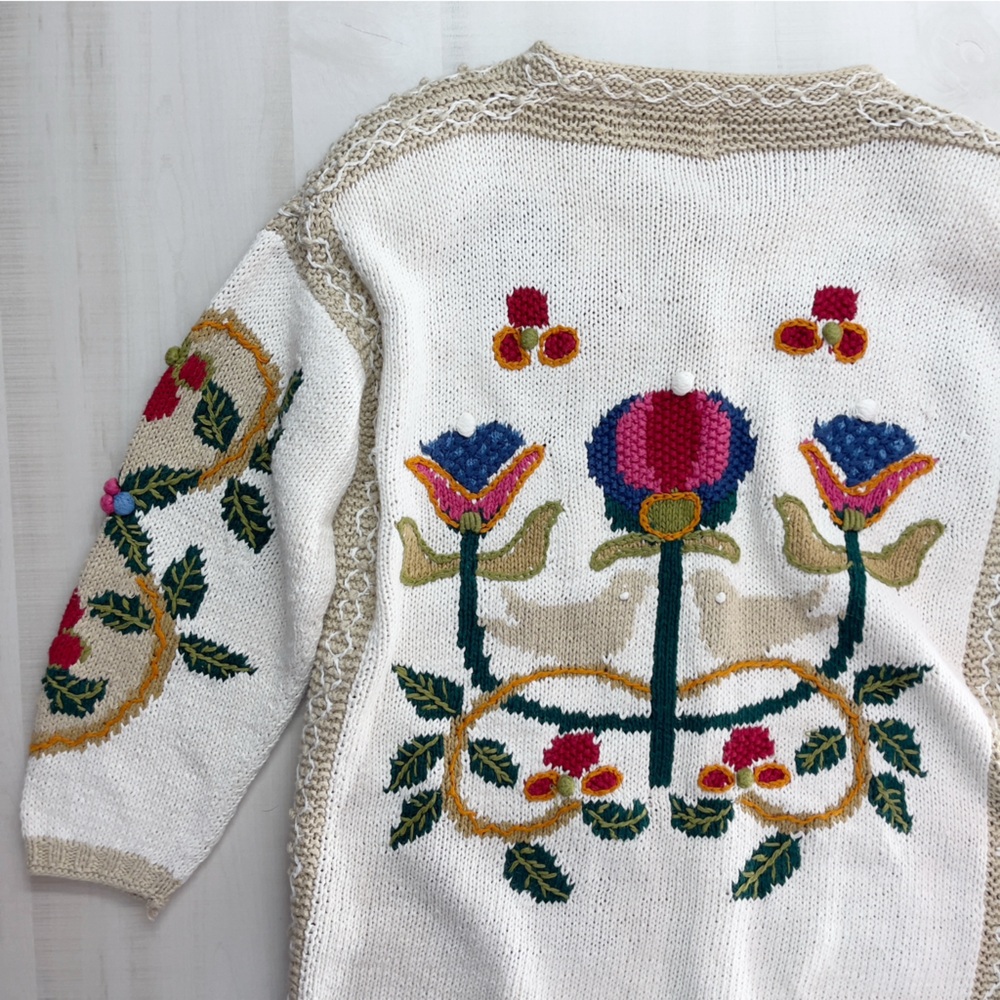 VENEZIA hand knit floral bird cardigan sweater vintage 14 16 - Picture 10 of 11